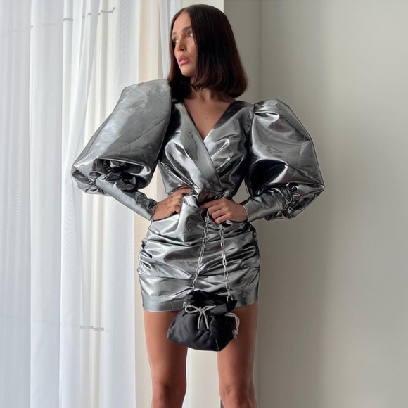 NWT River Island Metallic Silver Balloon Sleeves Bodycon Mini Dress Size 8 US - Picture 7 of 14